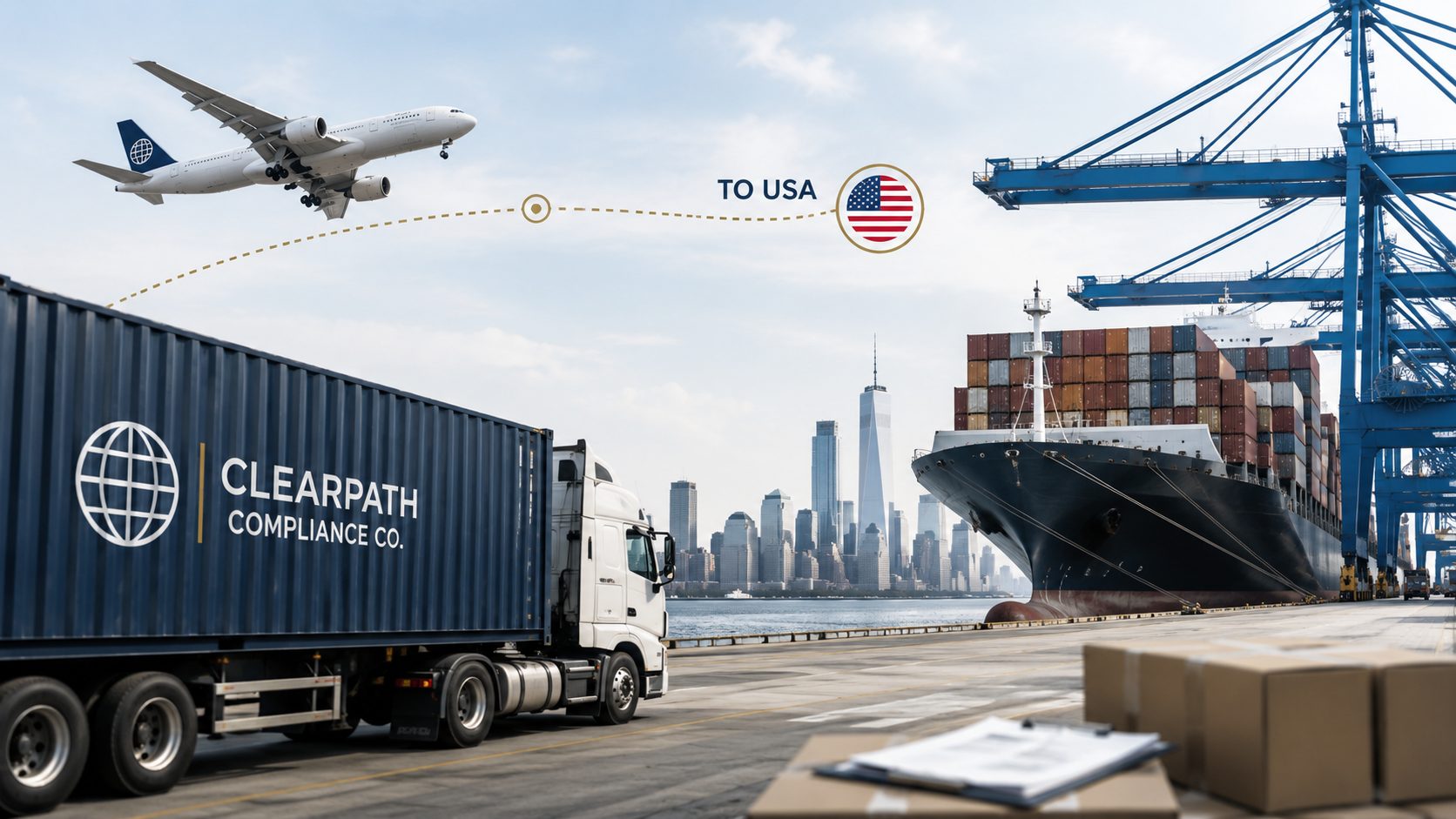 ClearPath-branded shipping container en route to the USA by truck, ship, and air freight
