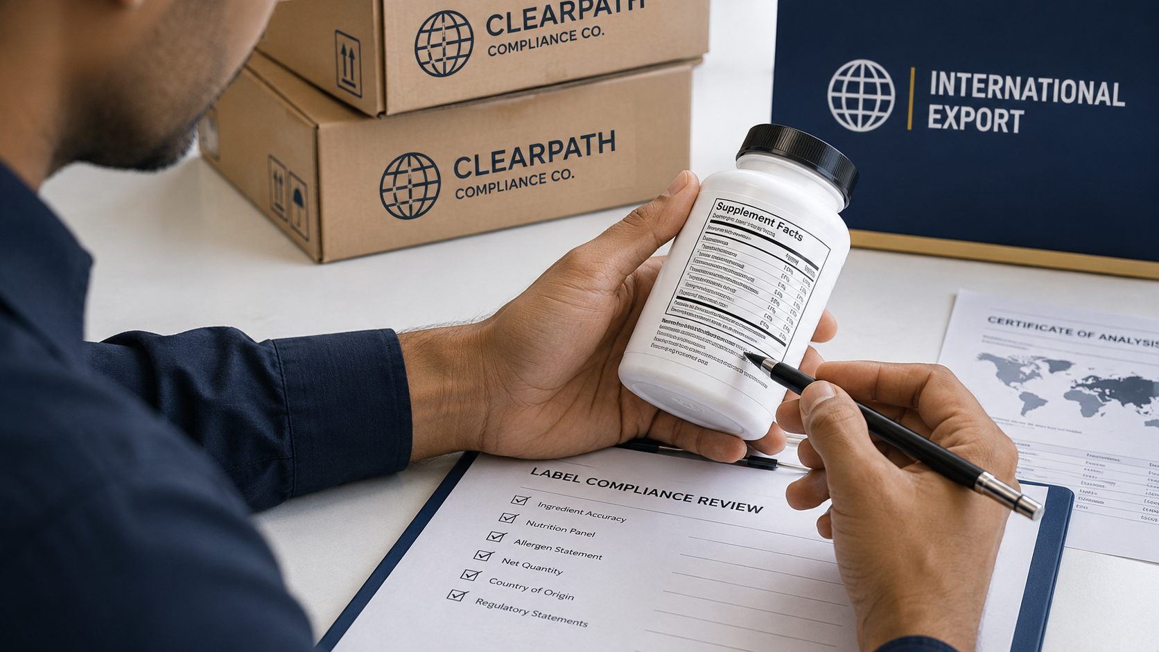 Label compliance review checklist for a supplement product, with ClearPath-branded shipping boxes